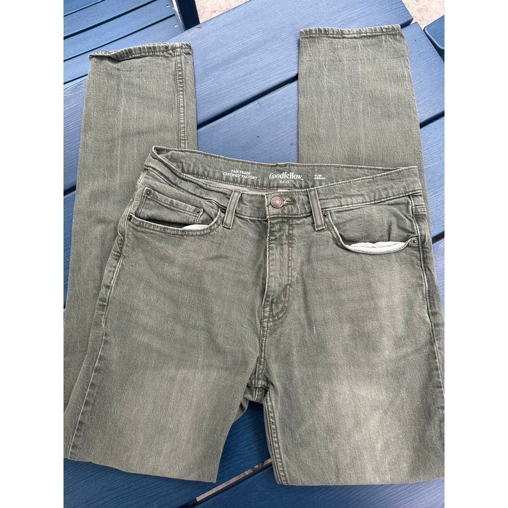 Goodfellow & Co Mens Slim Fit Jeans Olive Green 34x34 Fair Trade Stretch Denim
